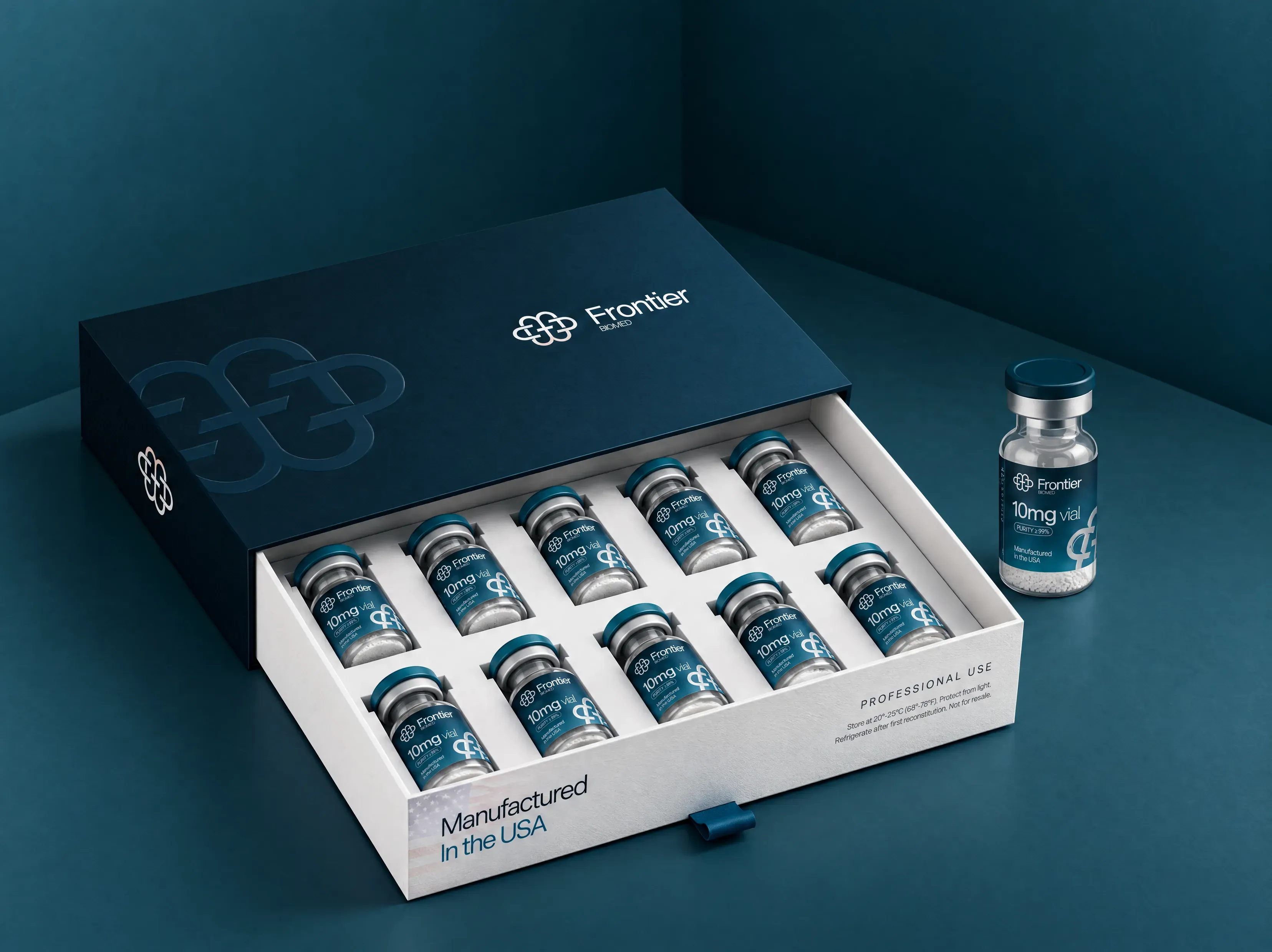 Open Frontier presentation box of 10mg research vials beside a single vial